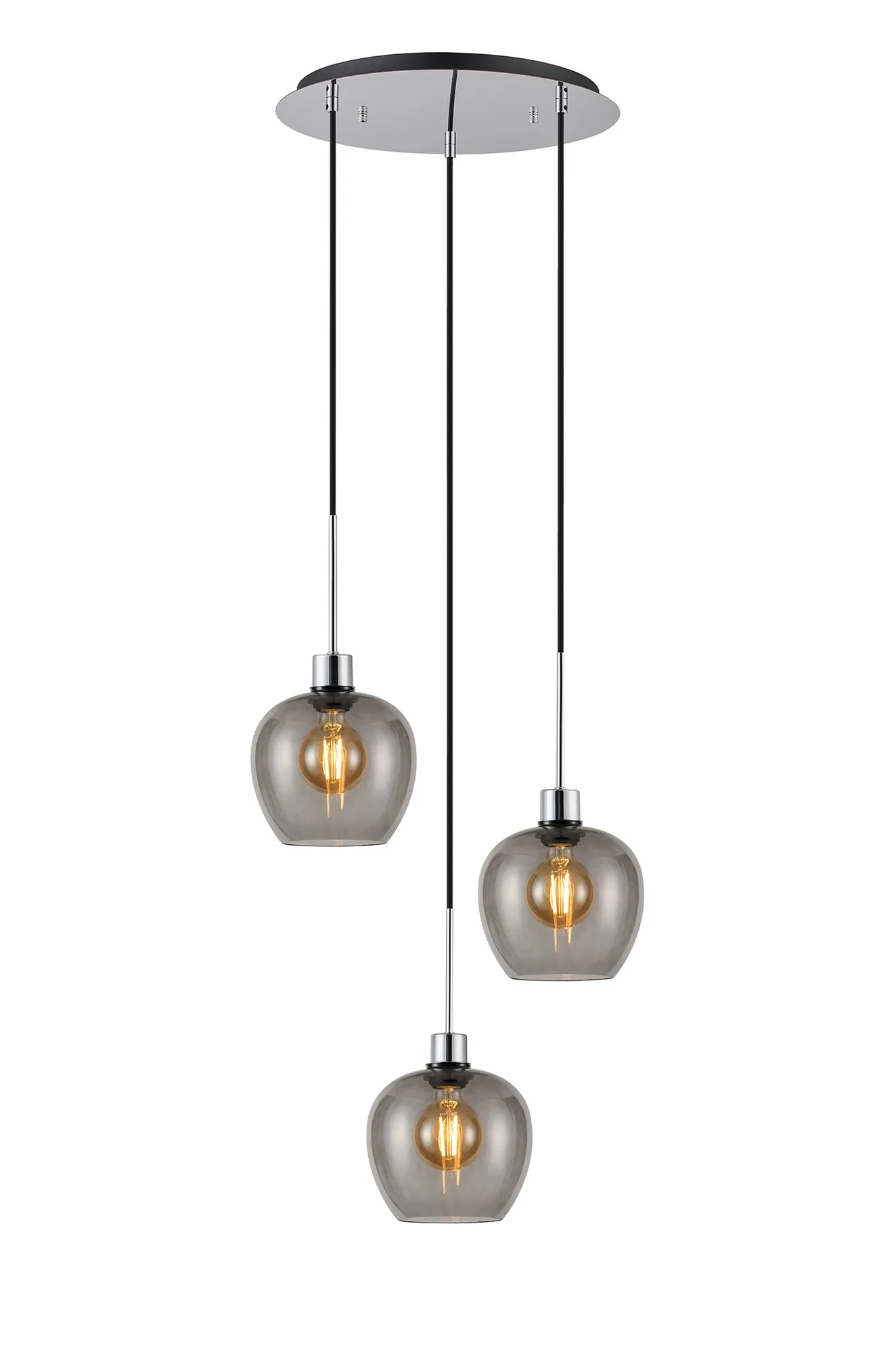 Lori 40cm Round Pendant, 3 Light Adjustable E27, Polished Chrome/Smoke Wine Shades DK1278  Deco Lori Polished Chrome